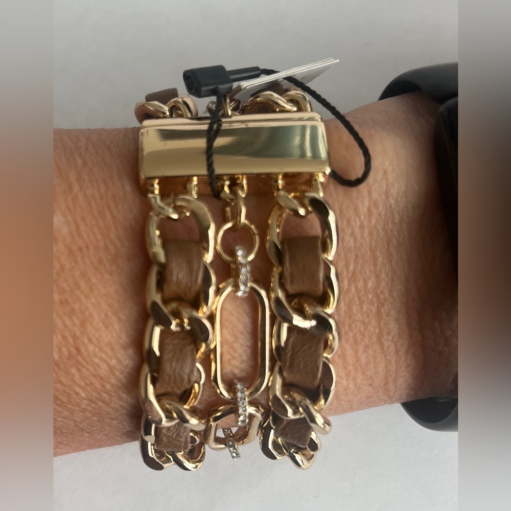 White House Black Market Gold tone and Brown leather Chain Bracelet